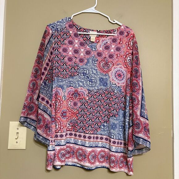 Chicos Women’s Tile Kimono-Sleeve Top Multi Color Exotic Pattern Blouse Size 2 - Picture 1 of 13